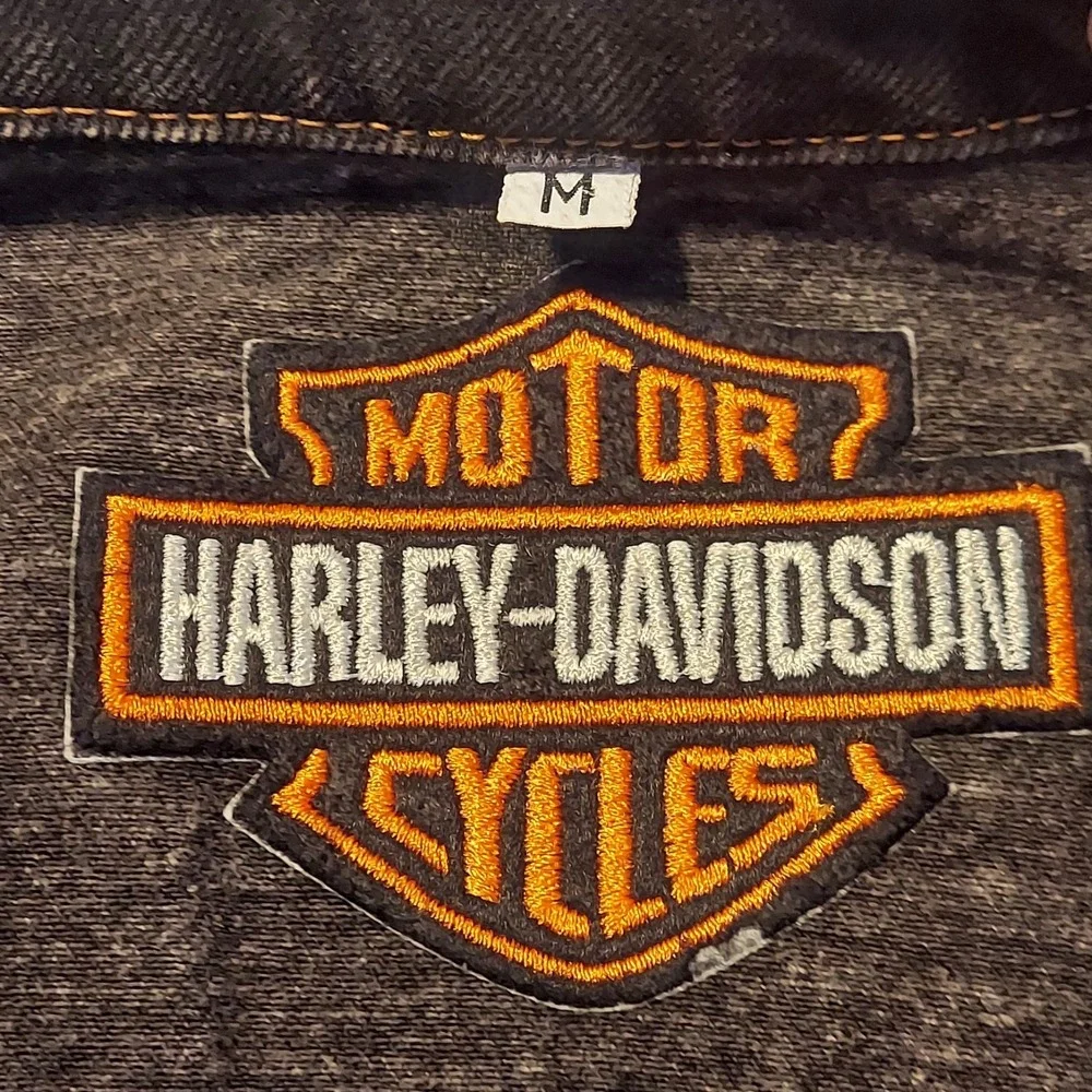 Vintage 80s USA Harley Davidson Eagle Black Denim Biker Jacket Mens Medium‎